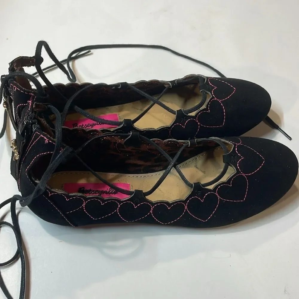 Betsey Johnson Little Girls Black Lace Up Microsuede Ballet Flats Sz 2
